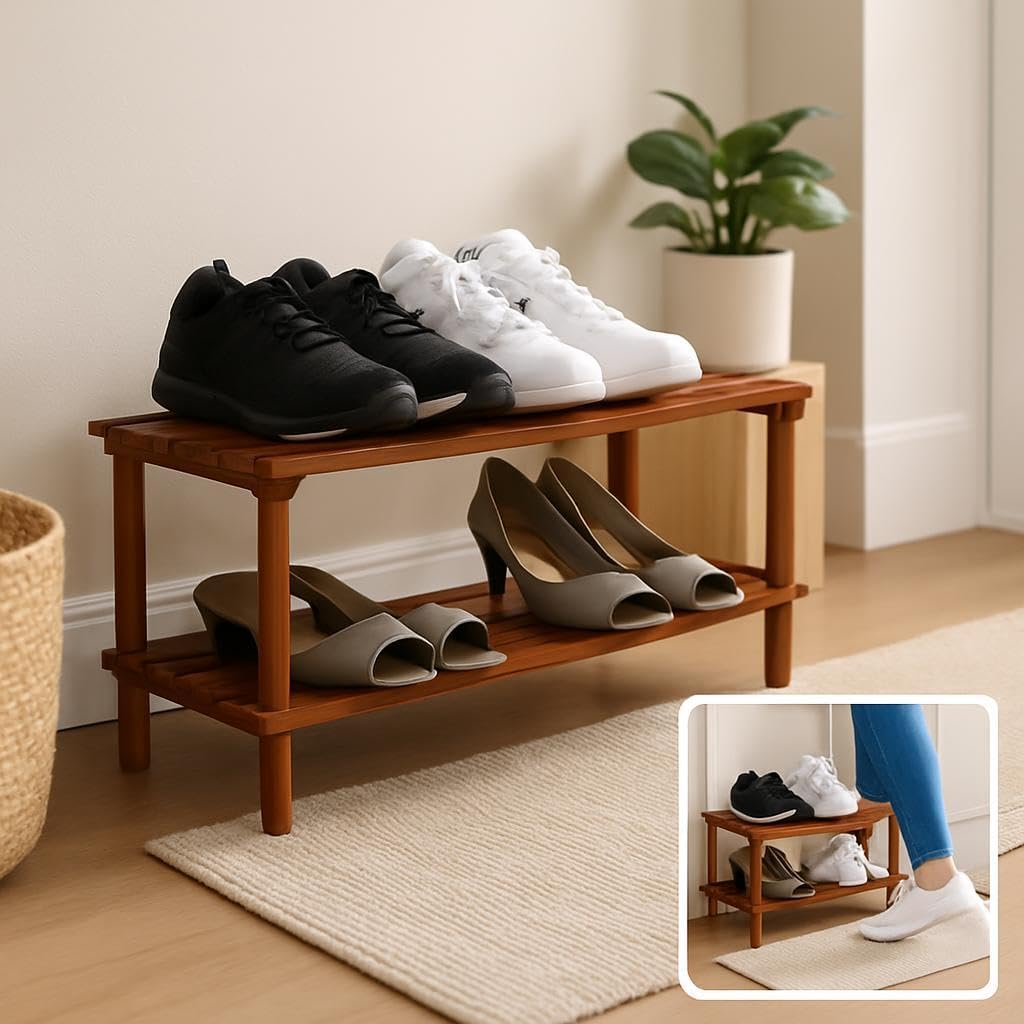 Wooden Shoe Rack 2 Tier, Coffee Brown, 63x26x29.5cm
