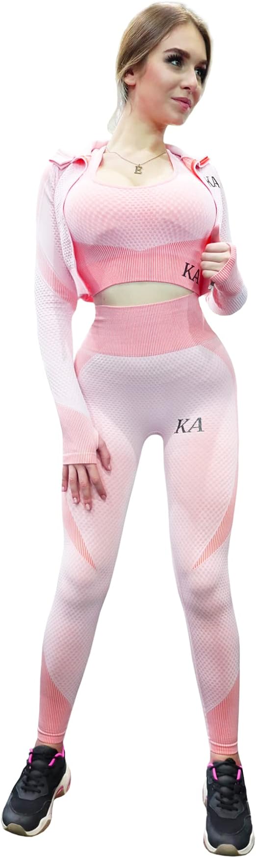 Fitto Flux Set With Jacket - High Waisted Butt Lift Shaping Legging with Sports Bra with Thumb Hole Front Zipper Crop Jacket Tracksuit Workout Gym Yoga Outfit for Women (Medium, Pink)