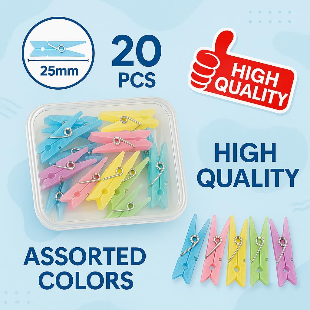 20-Pack 25mm Spring Cloth Pins - Assorted Color Laundry Clips