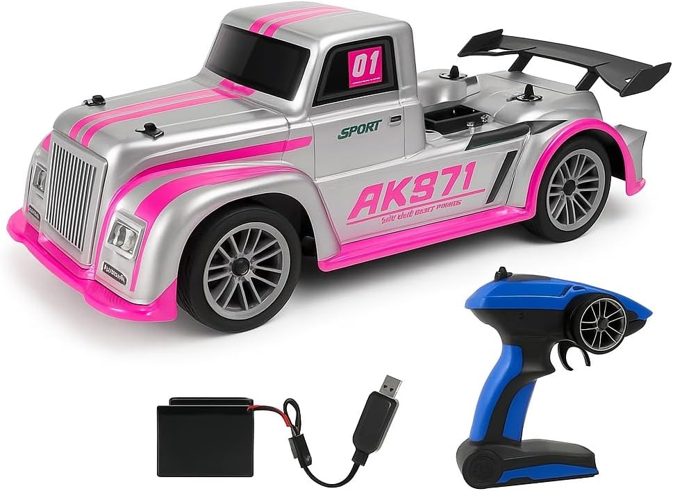 48 Pieces Large Remote Control Truck 1:10s (Full Cover Pink LED Light High Speed Racing Car with Spoilers – Pink)