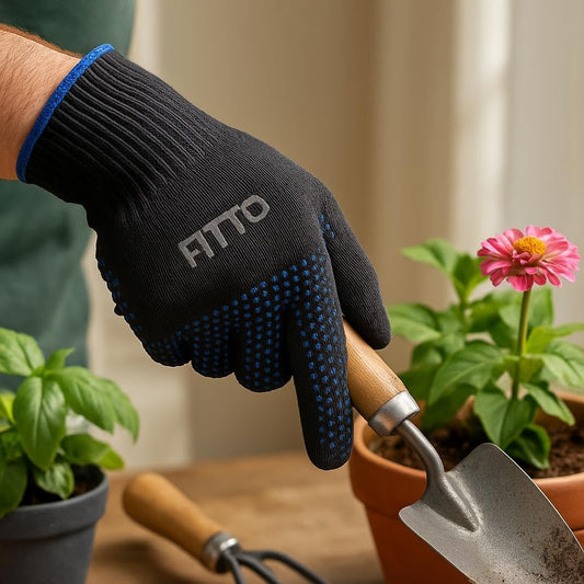 Black Gloves with Textured Grip and Blue Accent for Gardening and Work