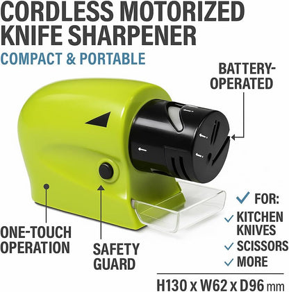 Cordless Motorized Knife Sharpener, Compact & Portable, Battery-Operated Blade Sharpening Tool for Kitchen Knives, Scissors, and More – Green, H130 x W32 x D30 mm