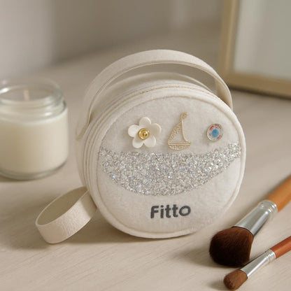 Small Round Wool Makeup Bag with Handle - Portable Travel Makeup Organizer, White