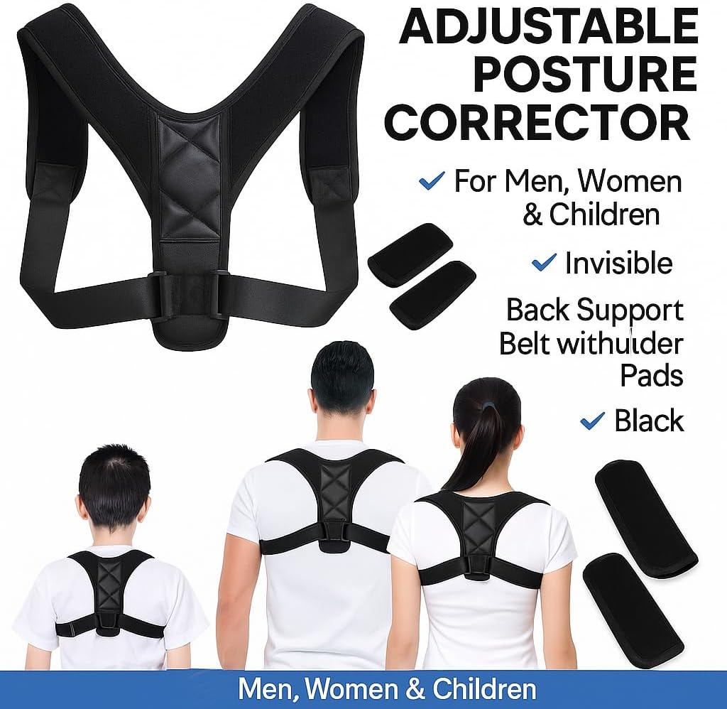 96 Pieces Adjustable Posture Correctors for Men (Women & Children – Invisible Back Support Belt with Shoulder Pads – Black)