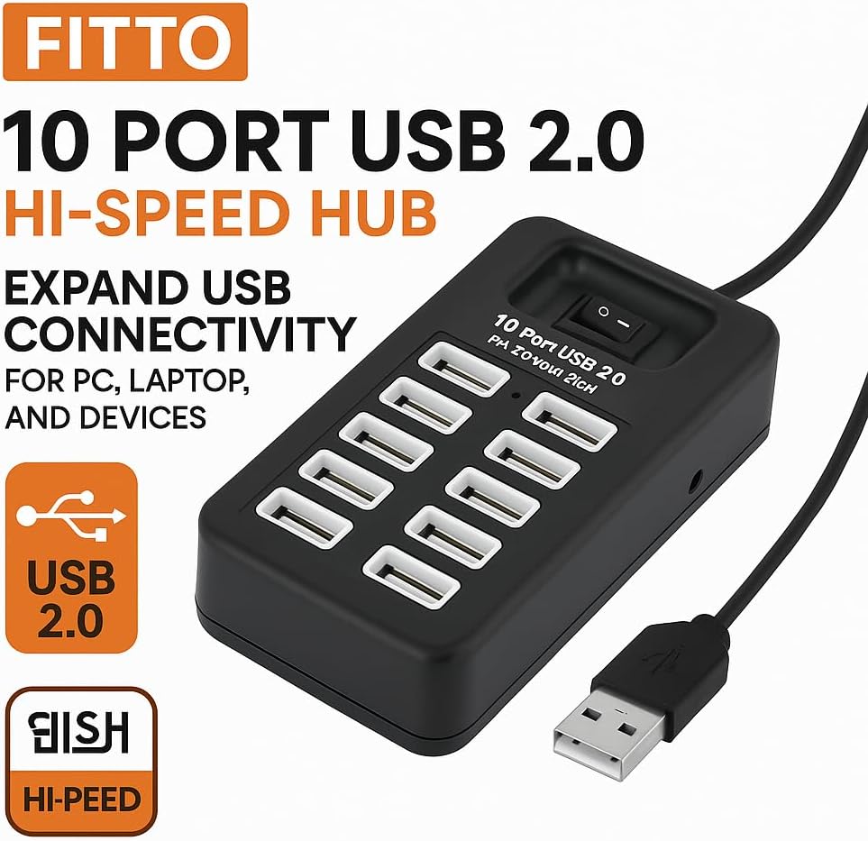 96 Pieces 10 Port USB 2 Hi-Speed Hub - Expand USB Connectivities for PC (Laptop – and Devices)