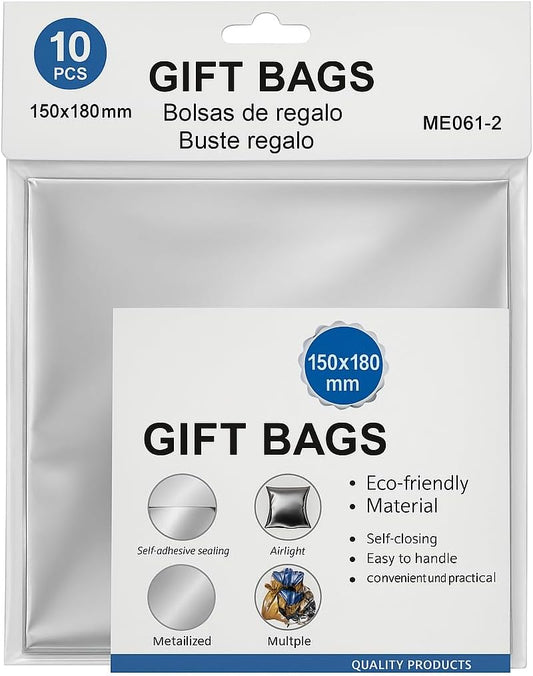 Silver Color Gift Bags 10 Pack for Parties, Weddings, Birthdays, Events, Favor Bags