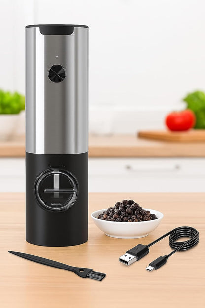 Electric Salt and Pepper Mill Set, USB Rechargeable, with LED Light, Adjustable Grit Grinder, Stainless Steel, Includes Brush