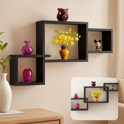 Interlocked Black Cuboid Wall Shelves Set of 3 for Home Decor