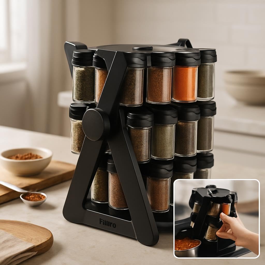 360 Degree Rotating Spice Rack Set with 18 Glass Spice Jars