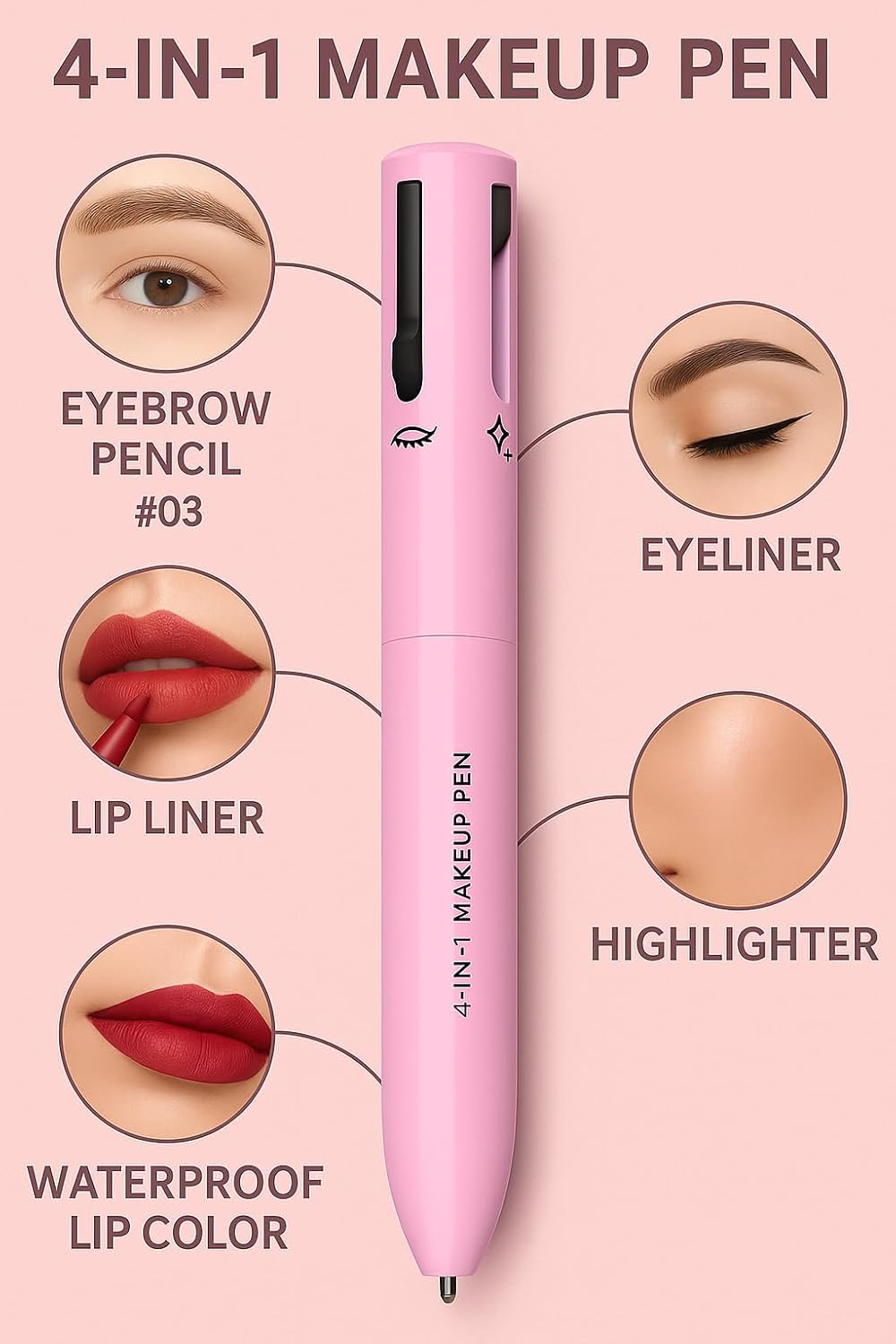 4 in 1 Makeup Pen Set, Eyebrow Pencil, Eye Liner, Lip Liner, Highlighter, Waterproof Lip Color, Beauty Tool, 03#, for Women, for Travel
