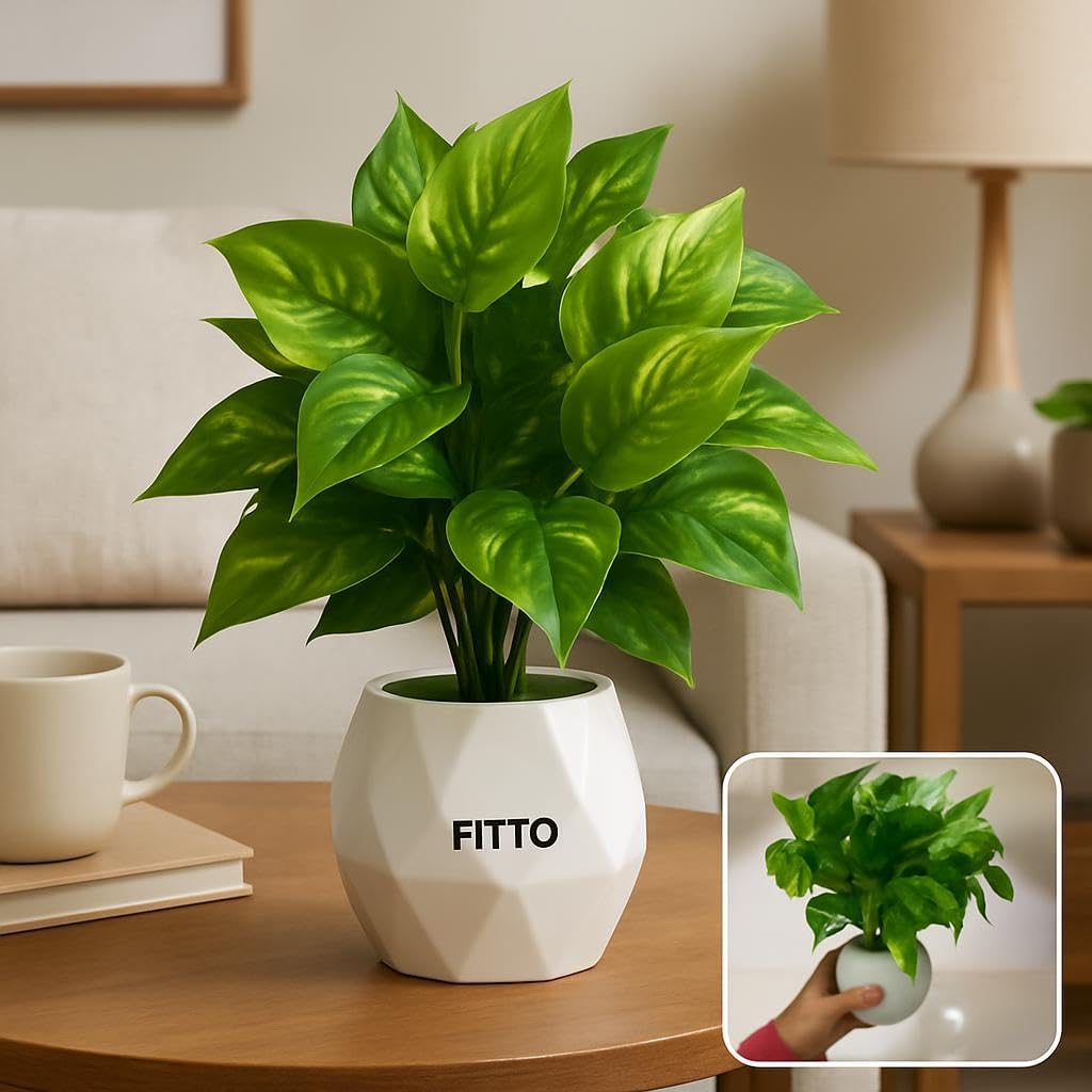 Artificial Potted Pothos Plant in Geometric White Pot for Indoor Decor