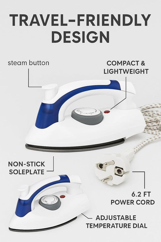 Travel Iron Portable Steam Iron, Mini Handheld, Non-Stick, Adjustable Temperature, Compact Travel Steamer, White