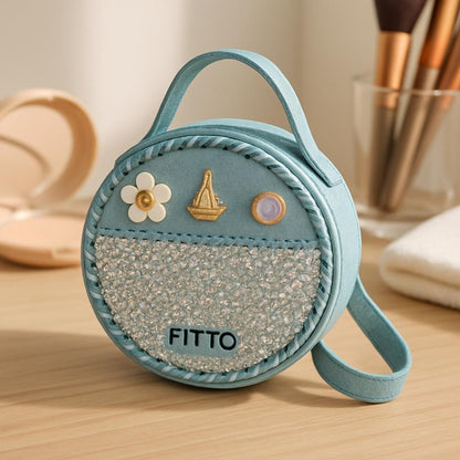 Small Round Wool Makeup Bag with Handle - Blue Portable Travel Cosmetic Organizer