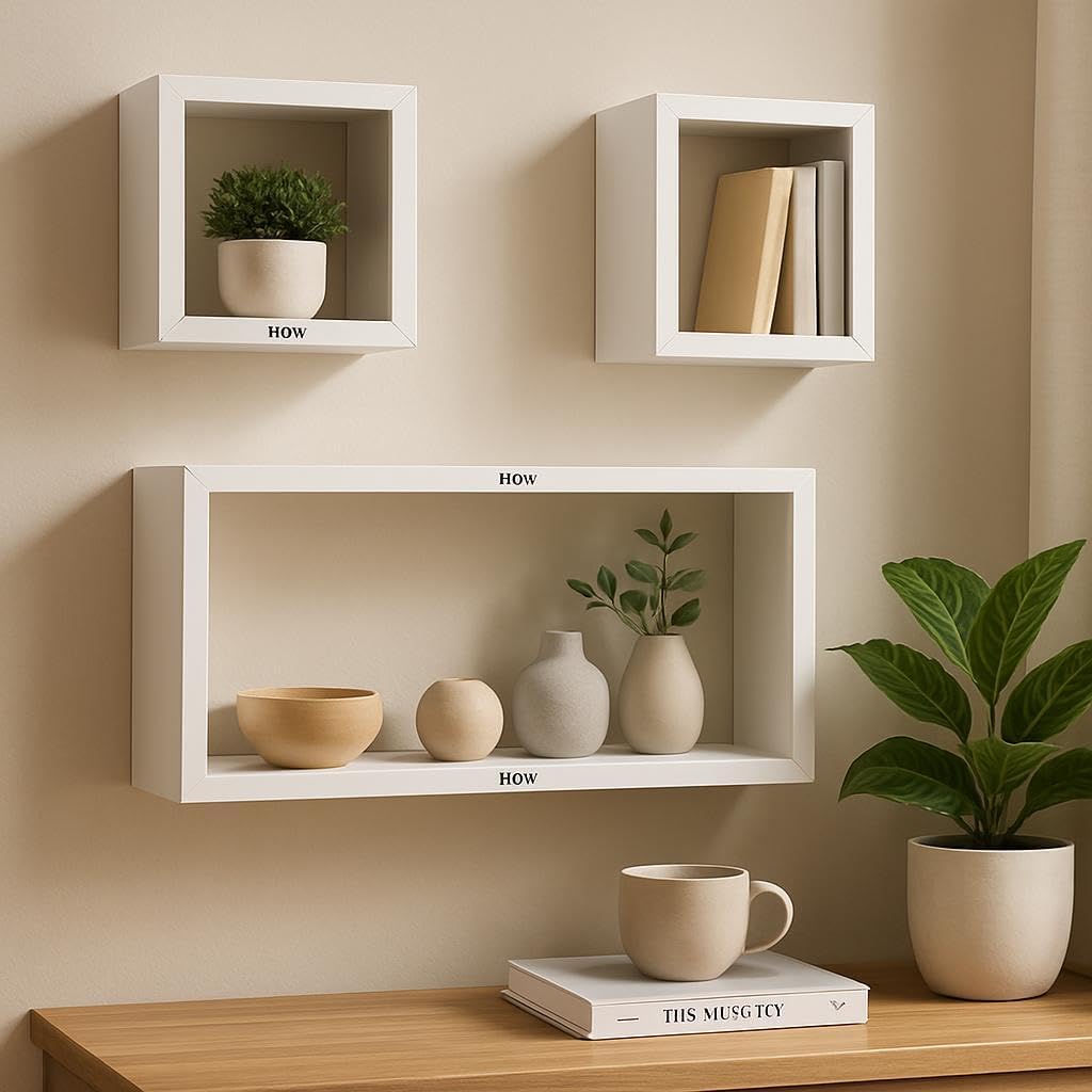 Flt Wall Shelves Cuboid 3Pcs Set, White for Home and Office Storage