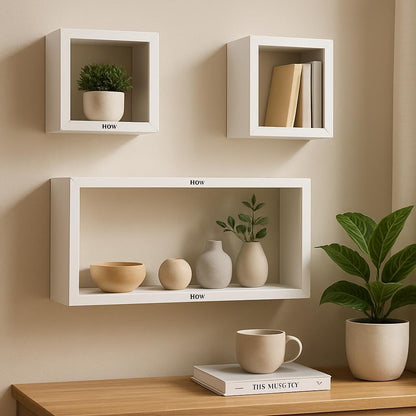 Flt Wall Shelves Cuboid 3Pcs Set, White for Home and Office Storage