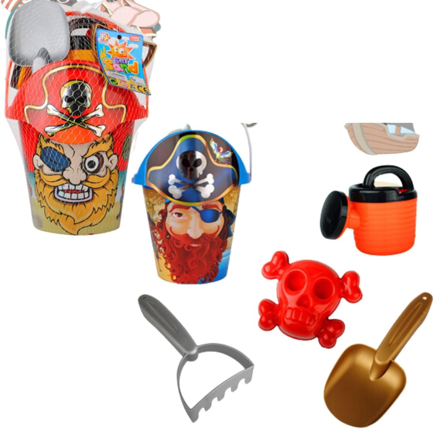96 Pieces Plastic Pirate Sand Toy Playsets with Bucket (Shovel – Watering Can – and Moulds Cool Pirate Design)