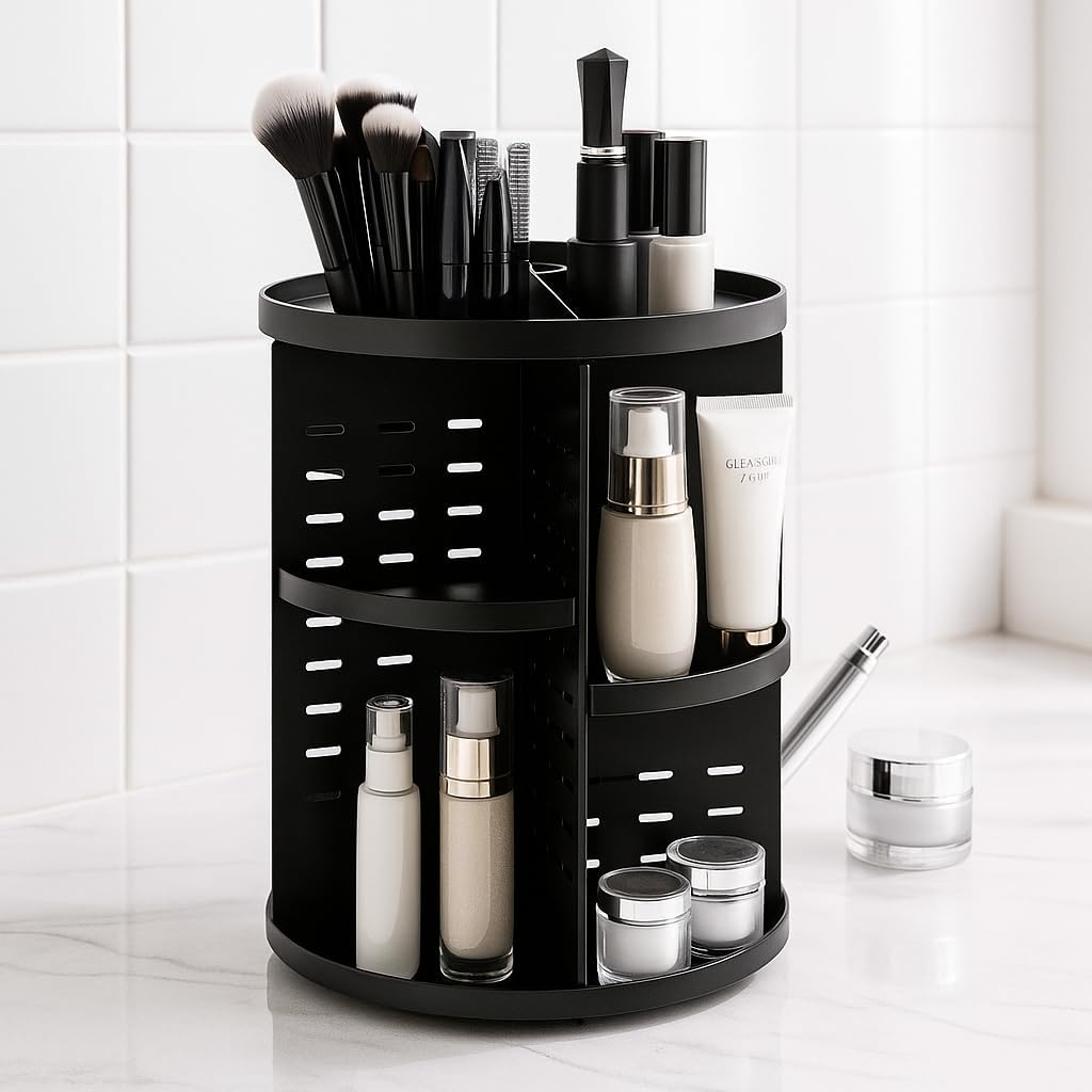 72 Pieces Makeup Organizers (Rotating Vanity Organizer and Storage Box – 360 Spinning Holder – For Bathroom – Fits Makeup Brushes – Lipsticks – Round – Black Circle)
