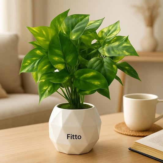 Artificial Potted Pothos Plant in Geometric White Pot for Indoor Decor