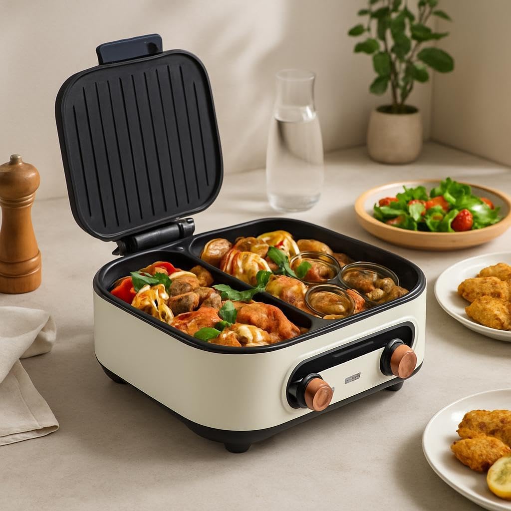 48 Pieces 1800W Electric Grill & Hot Pot Cookers with Non-Stick Baking Tray (White)