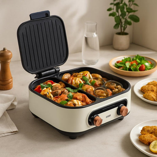 1800W Electric Grill & Hot Pot Cooker with Non-Stick Baking Tray, White