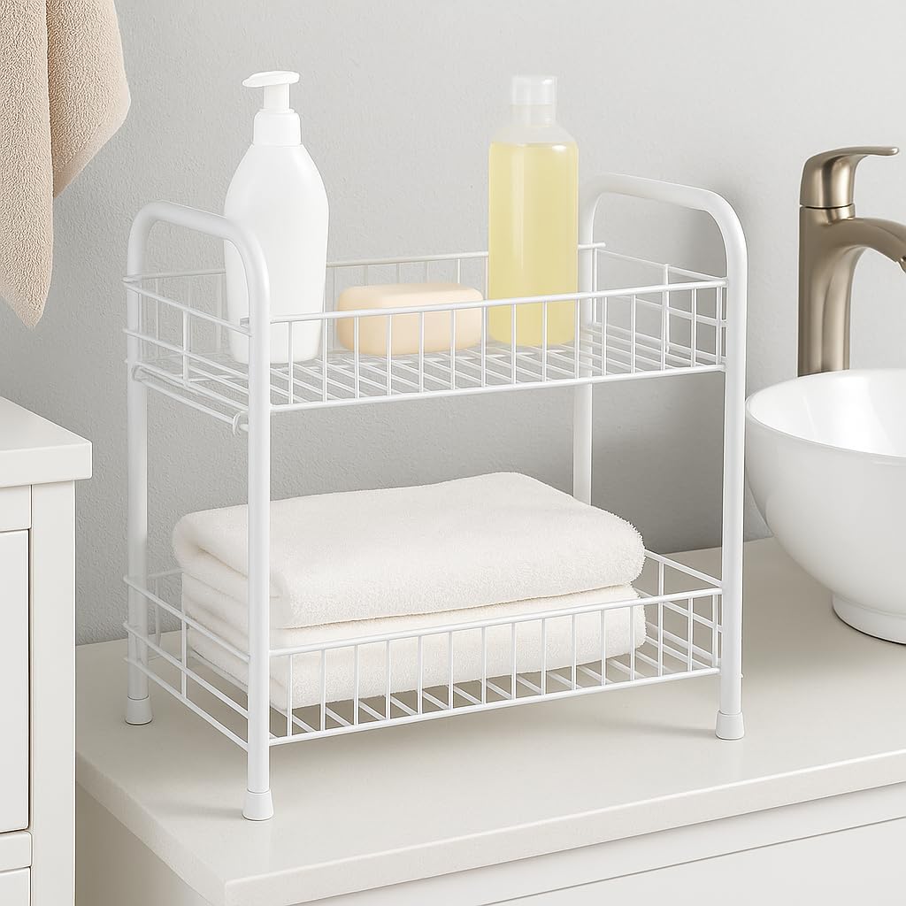 2-Tier Fruit and Vegetable Rack, Metal Wire Kitchen Storage, Modern Decorative Storage Basket, Compact Organizer for Fruits & Veggies, Durable and Easy to Clean, White