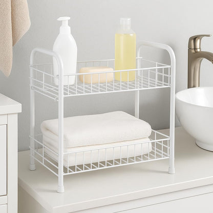 2-Tier Fruit and Vegetable Rack, Metal Wire Kitchen Storage, Modern Decorative Storage Basket, Compact Organizer for Fruits & Veggies, Durable and Easy to Clean, White
