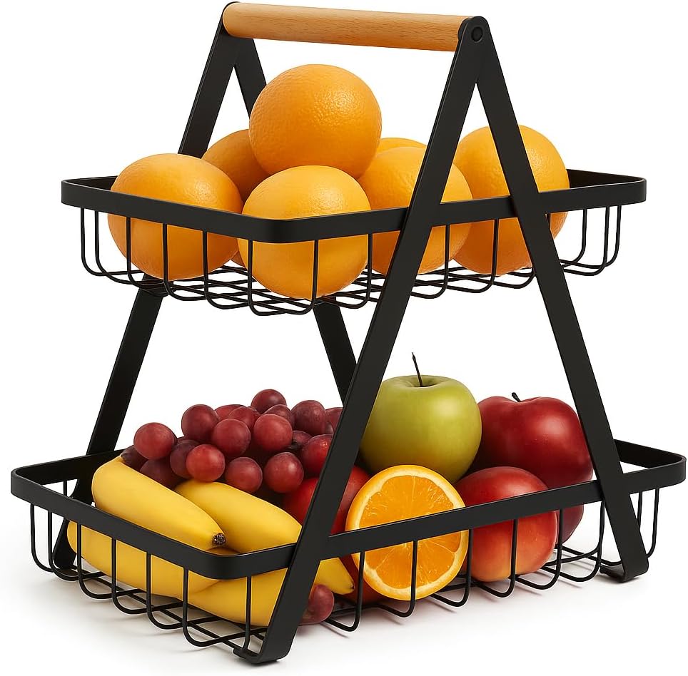 72 Pieces 2-Tier Countertop Fruit Basket Storages (Vegetable Rack – Black – Stylish and Space-Saving Design for Kitchen Organization – Fresh Produce Holder – Sturdy Metal Frame for Fruits & Veggies)