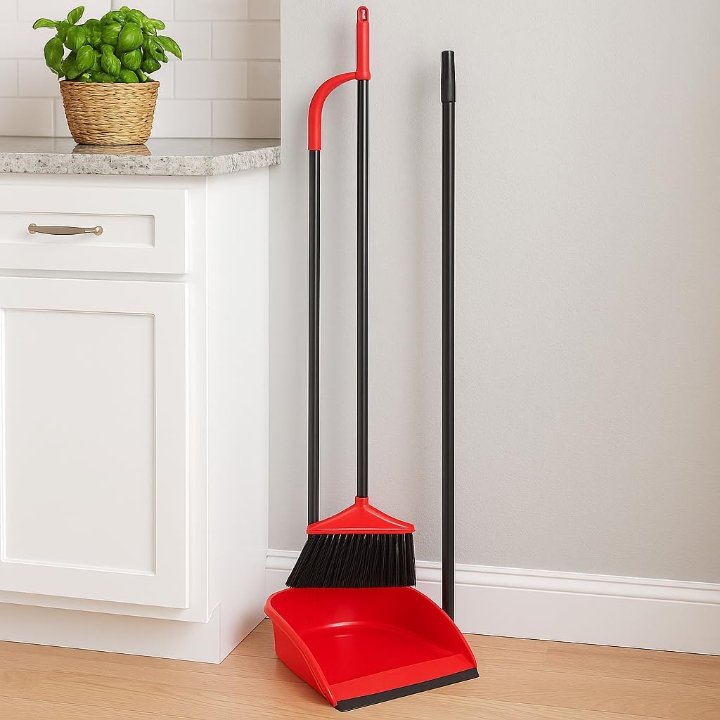 Broom and Dustpan Set - Heavy Duty Metal Handle, Upright Stand, Long Handle for Easy Sweeping, Compact Design for Home, Office, and Kitchen, Indoor & Outdoor Cleaning Supplies