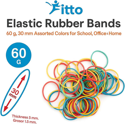 Elastic Rubber Bands 60g, 30mm Assorted Colors for School, Office & Home
