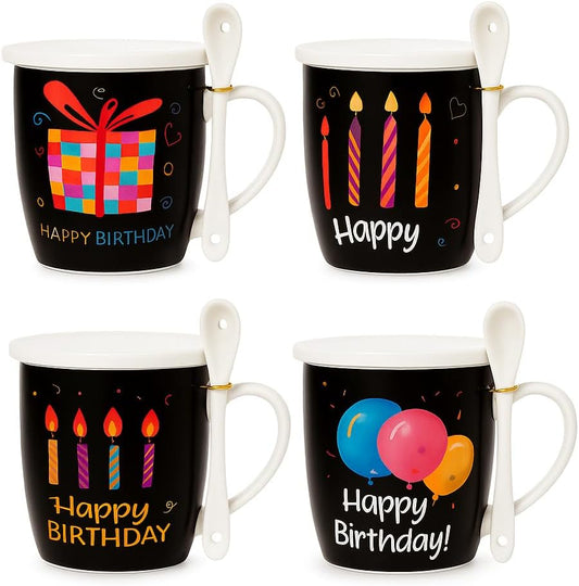 Ceramic Mug with Spoon and Lid, Black Outer, White Interior, Happy Birthday Candle Design