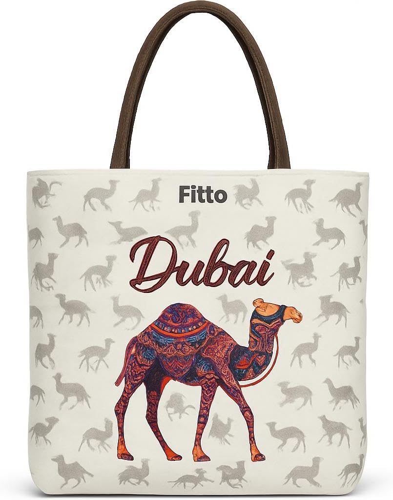 Dubai Camel Canvas Printed Tote Bag – Durable, Eco-Friendly, White