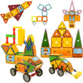 60 Pieces Stem Construction Magnetic Tiles Building Blocks Large Set 65 Pieces With Bulldozer (Tractor – Truck – And Tower Formations)
