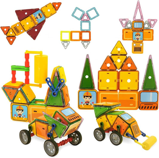 Stem Construction Magnetic Tiles Building Blocks Large Set 65 Pieces With Bulldozer, Tractor, Truck, And Tower Formations
