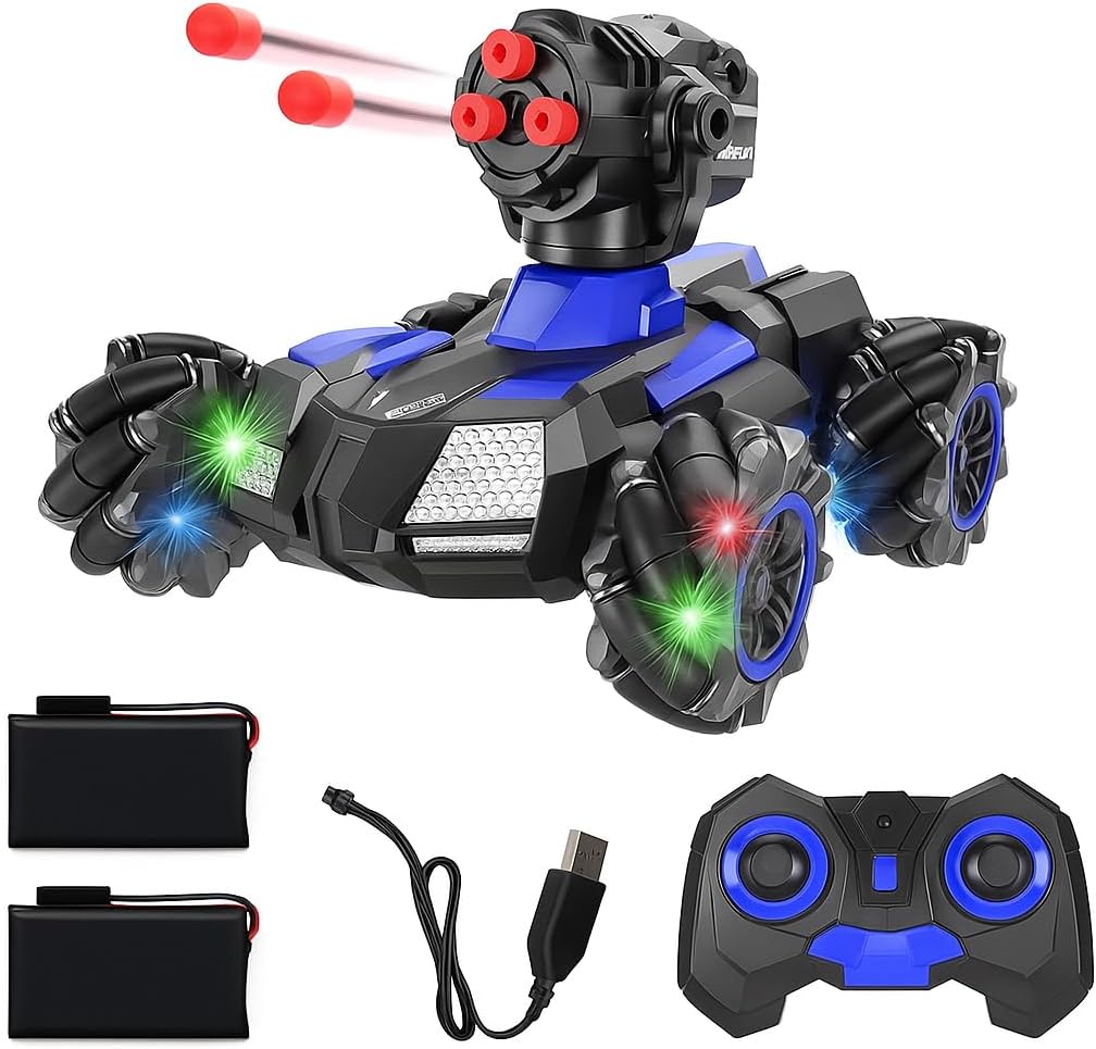 48 Pieces Remote Control blue Tanks with Shooting 180° Rotating Shooting & 360° Rotating Vehicle (climbing rock with shooting safety bullets – colorful LED car toy for boys – Blue)