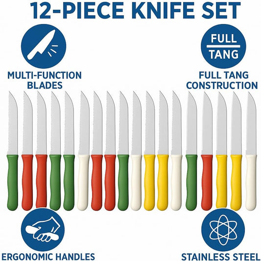 12-Piece Knife Set – Premium Stainless Steel Kitchen Knives with Ergonomic Handles, Full Tang Construction, and Multi-Function Blade Set for Versatile Cooking