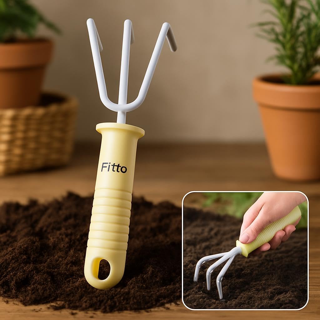 Hand Cultivator with Yellow Handle - 3 Metal Prongs for Soil Loosening and Weeding