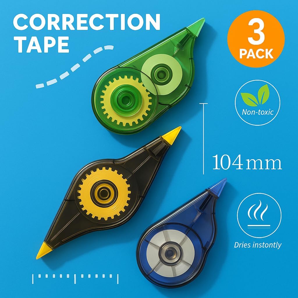 96 Pieces Correction Tape 3 Packs (10.4cm Assorted Colors – 8m White Correction Tape)