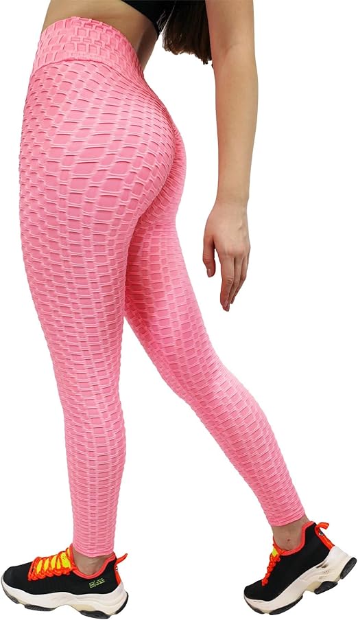 Fitto Greek Patterned Leggings - High Waisted Workout Gym Yoga Bubble Texture Pants for Women (Medium, Pink)