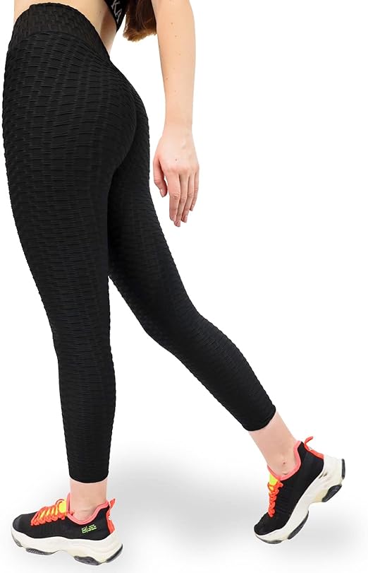 Fitto Greek Patterned Leggings - High Waisted Workout Gym Yoga Bubble Texture Pants for Women (Medium, Black)