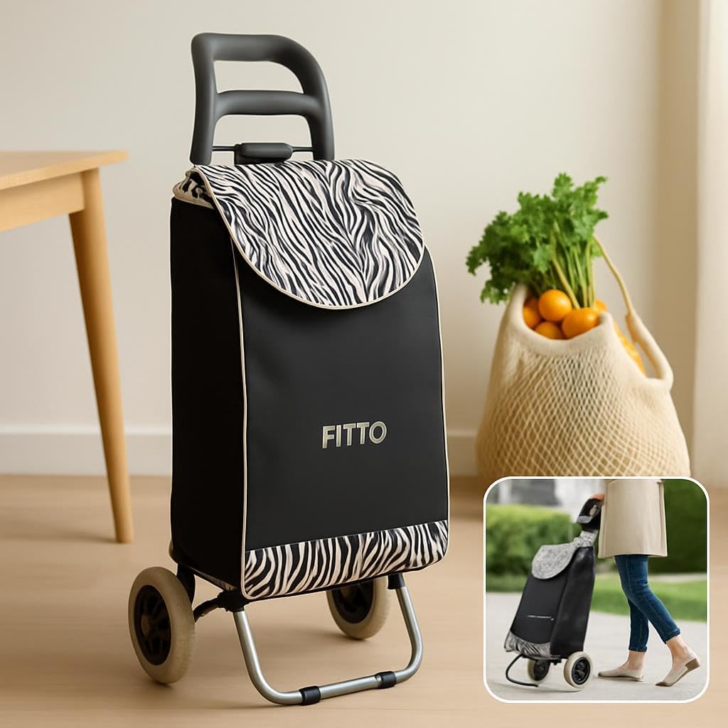 Fancy Black Leopard Shopping Trolley with Wheels, 36L Carbon Steel