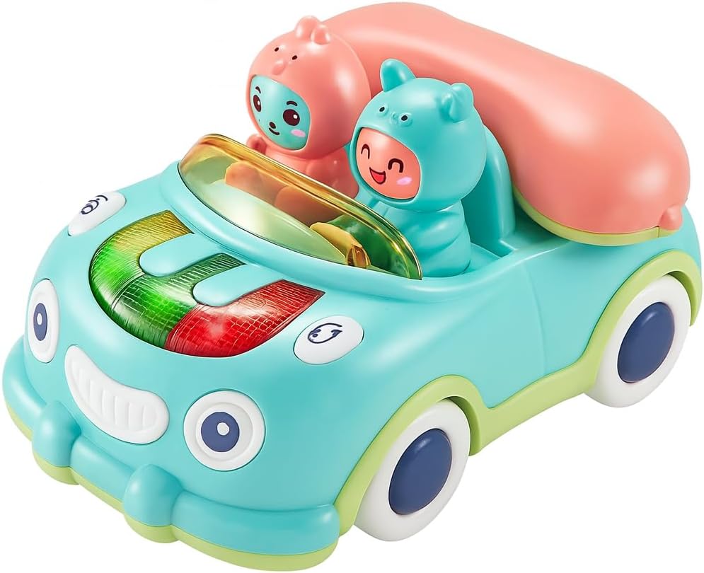 Toddler Toy Phone, Baby Musical Piano with Light and Music Pull On Car Theme with Wheels, Blue