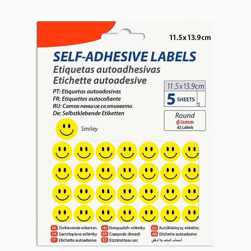 240 Pieces Adhesive Labels Smiles (5 Sheets – 42 Round Labels – 15mm – 11.5x13.9cm – Stickers for Organizing – Crafting – Office Use)