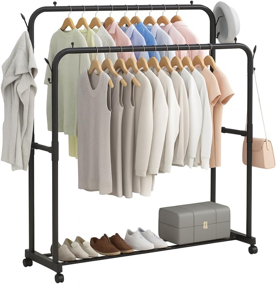 72 Pieces Clothes Racks with Bottom Shelf (Sturdy Black Metal Garment Rack with Storage Shelf for Hanging Clothes – Coats – Jackets – and Organizing Shoes – Accessories – and More)