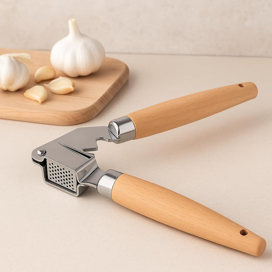 Stainless Steel Garlic Press – Ergonomic Kitchen Essential for Crushing Garlic and Shallots, Removable Basket for Easy Cleaning, and Durable Construction