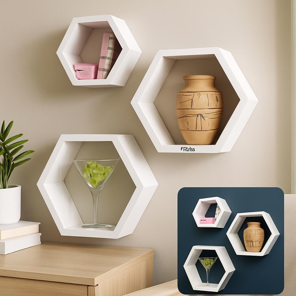 Hexagon Wall Shelves Set of 3 - White Decorative Floating Shelves