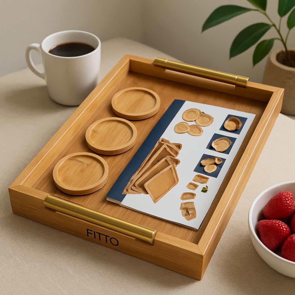Wooden Bamboo Serving Tray - Set of 2 Cup Tray Serving Set