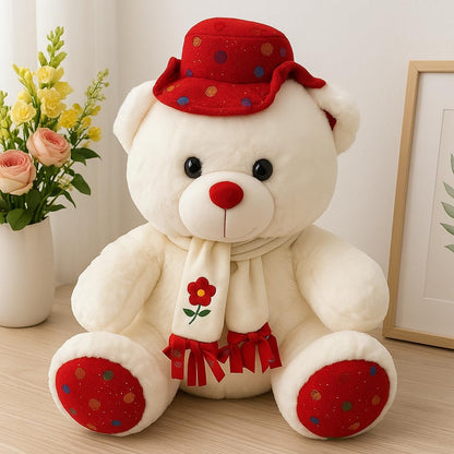 White & Red Teddy Bear with Cap 35cm