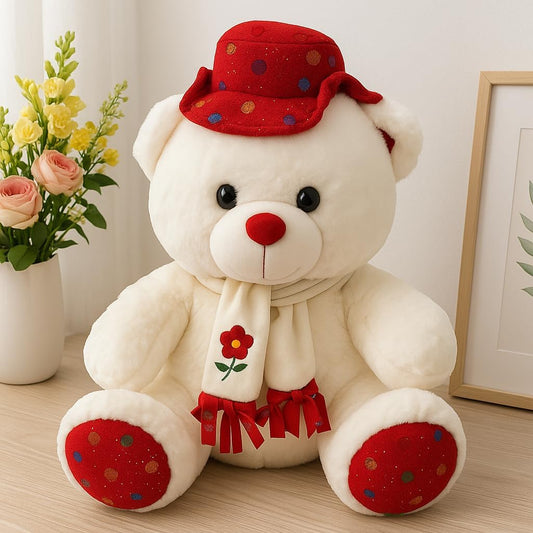 White & Red Teddy Bear with Cap 35cm
