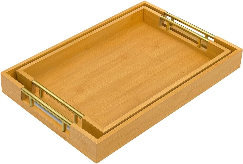 Wooden Bamboo Serving Tray - Set of 2 Cup Tray Serving Set