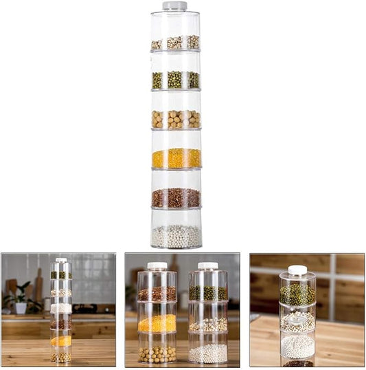 Fitto Spice Tower Plastic Transparent 6 pcs Set, Spice Jar Pepper Shaker Box, Transparent Rotating Seasoning Storage Organizer Herb Kitchen Rack, Condiment Bottles for Home and Kitchen